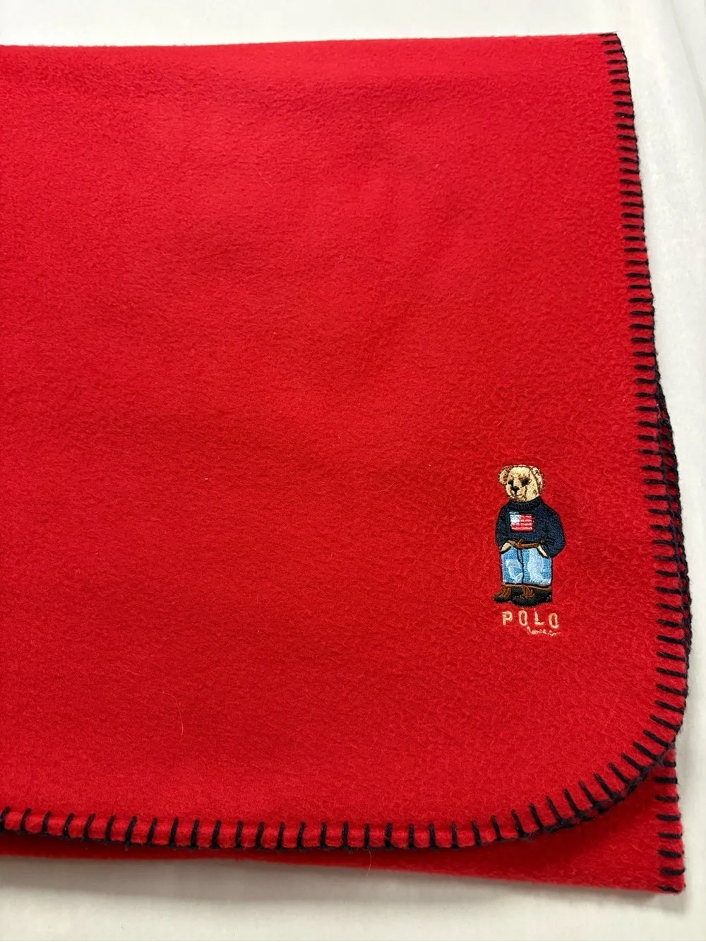 Polo Ralph Lauren Fleece  Polo Bear Red Wool Blanket with Contrast Stitching